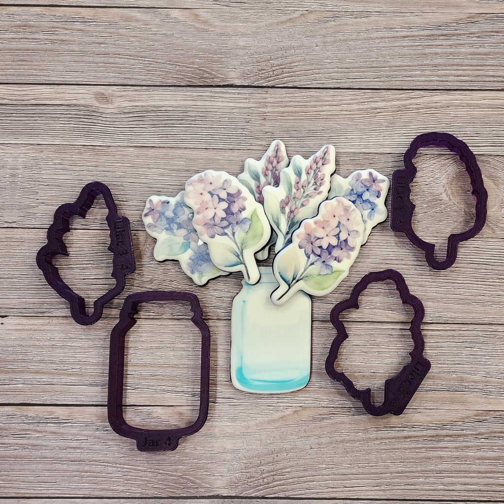Mason Jar with Lilacs Set of 4 Cookie Cutter and Fondant Cutter and Clay Cutter