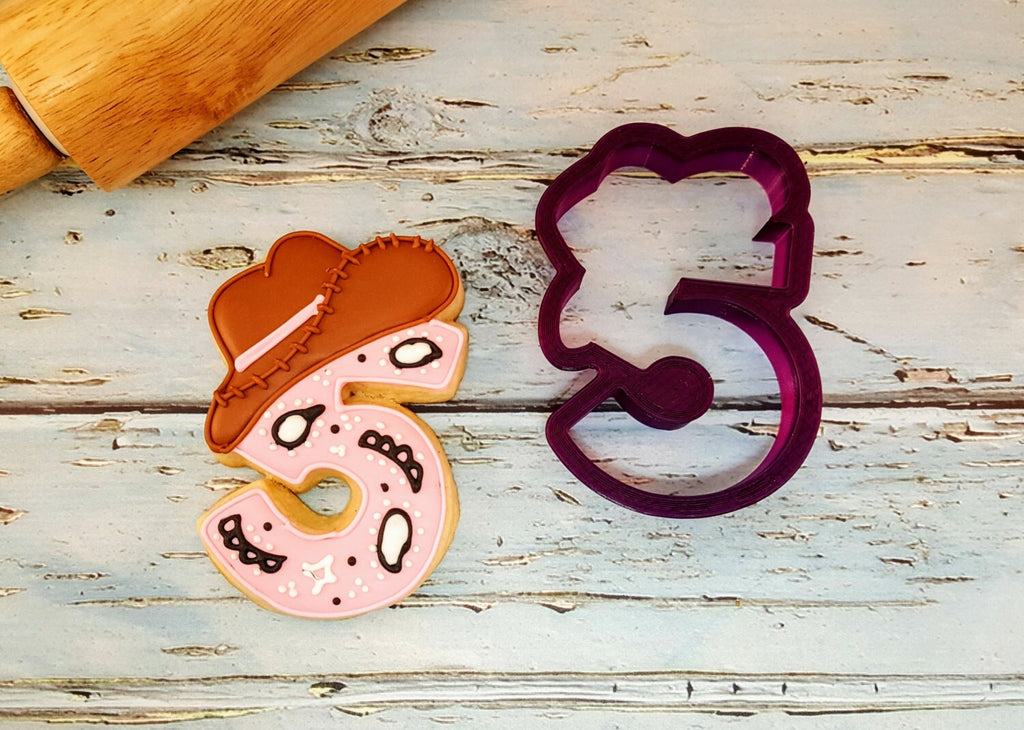 Five or 5 or Fifth Birthday or Anniversary  Number with Cowboy Hat Cookie Cutter or Fondant Cutter and Clay Cutter