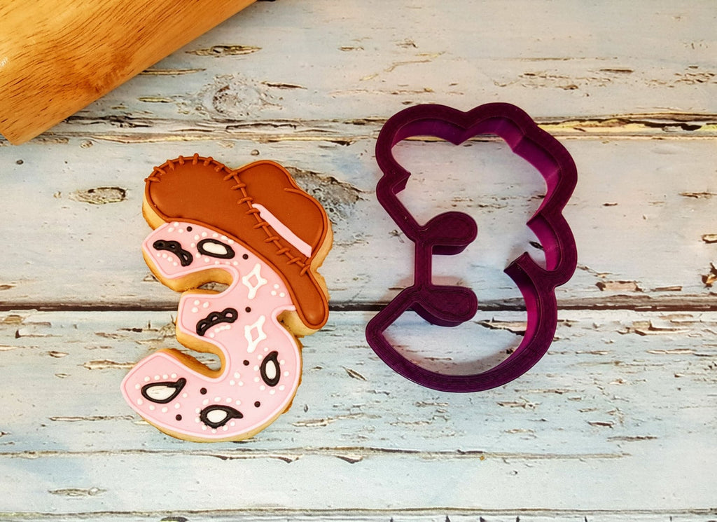 Three or 3 or Third Birthday or Anniversary  Number with Cowboy Hat Cookie Cutter or Fondant Cutter and Clay Cutter