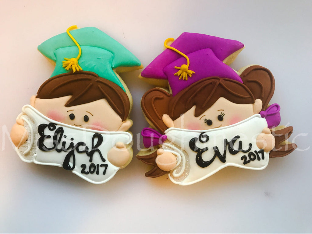 Miss Doughmestic Peeking Boy or Girl Graduate with Diploma or Scroll or Name Plaque Cookie Cutter or Fondant Cutter and Clay Cutter