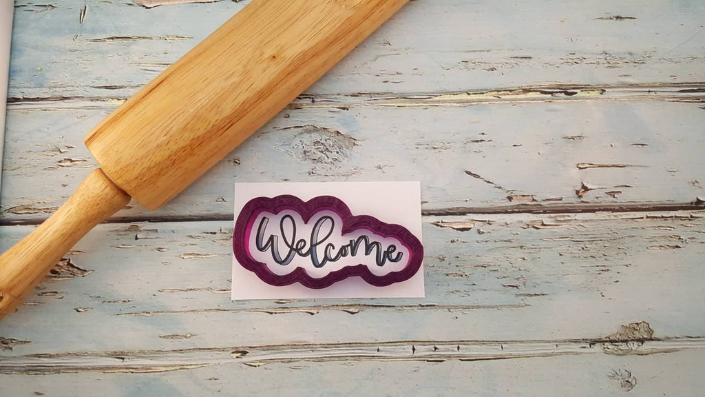 Welcome Hand Lettered Cookie Cutter and Fondant Cutter and Clay Cutter With Optional Stencil