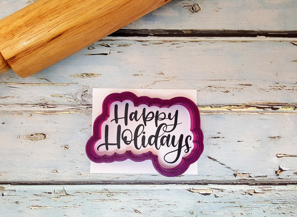 Happy Holidays Hand Lettered Cookie Cutter and Fondant Cutter and Clay Cutter with Optional Stencil