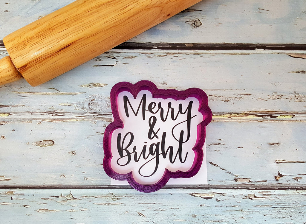 Merry & Bright Hand Lettered Cookie Cutter and Fondant Cutter and Clay Cutter with Optional Stencil