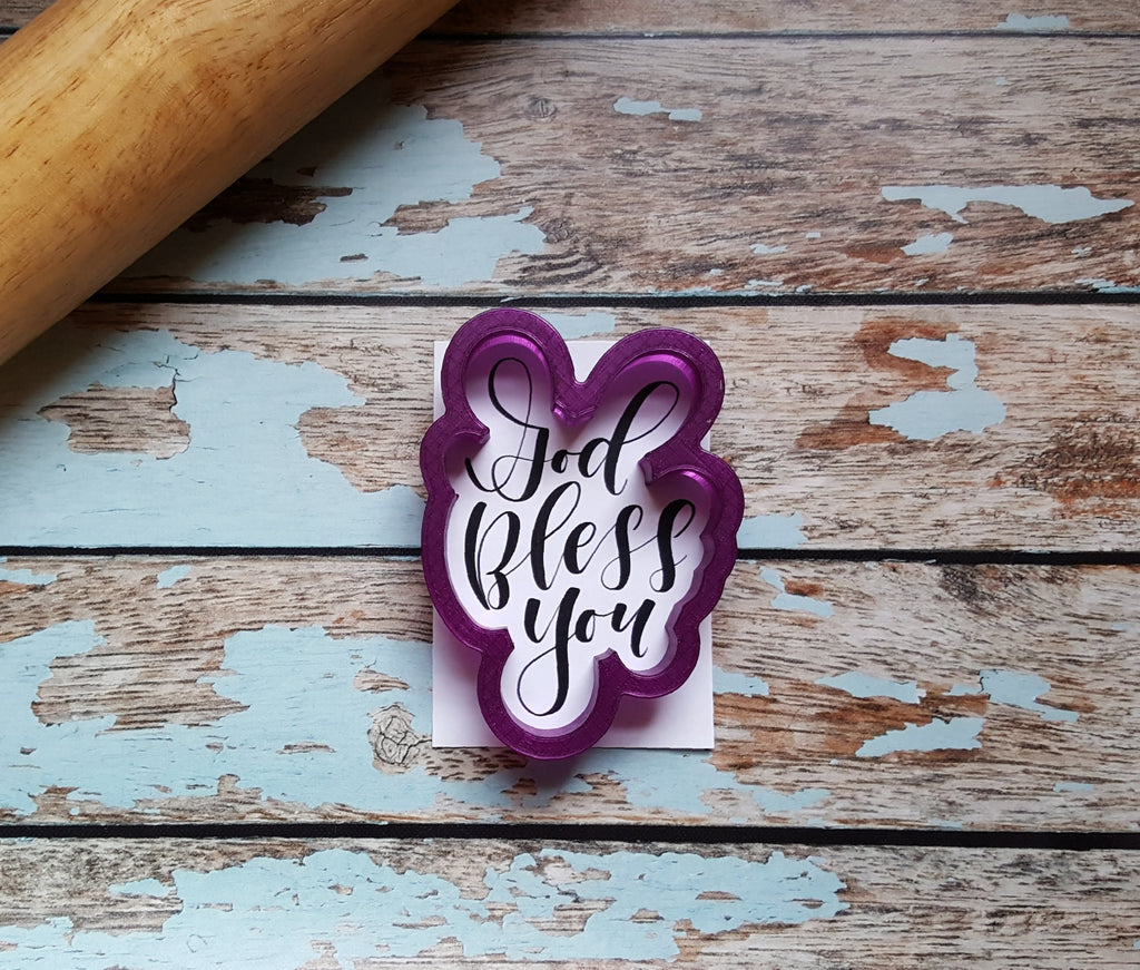 God Bless You Hand Lettered Cookie Cutter and Fondant Cutter and Clay Cutter with Optional Stencil