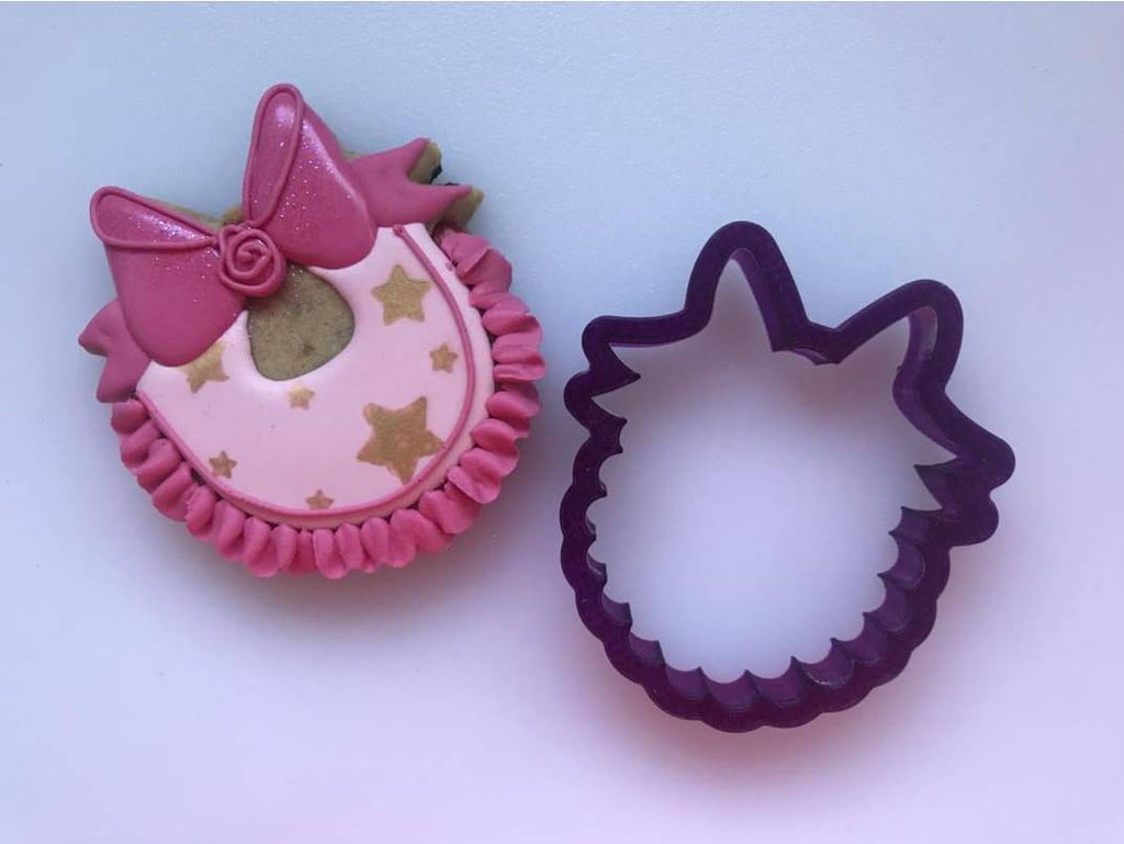 Miss Doughmestic Baby Bib with Bow or Scalloped Plaque with Bow or Wreath Cookie Cutter and Fondant Cutter and Clay Cutter