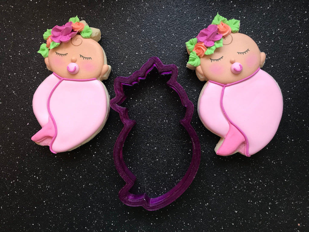 Miss Doughmestic Swaddled Baby with Florals #3 Cookie Cutter and Fondant Cutter and Clay Cutter