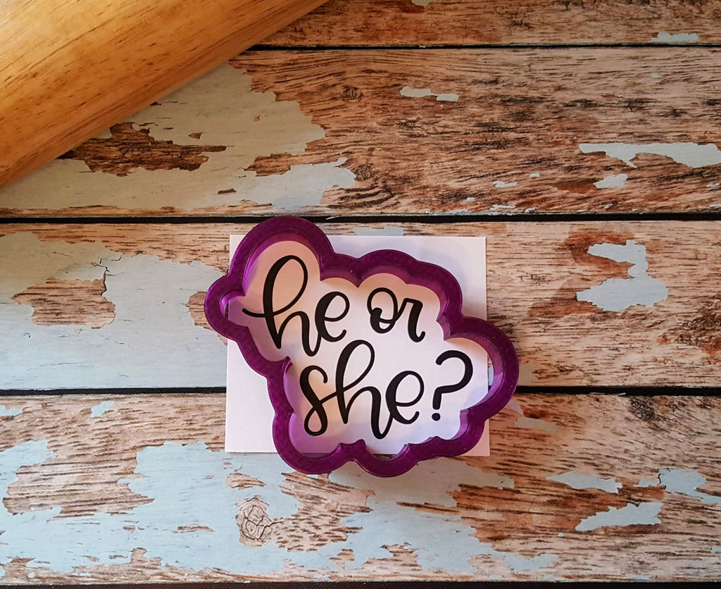 He or She? Hand Lettered Cookie Cutter and Fondant Cutter and Clay Cutter with Optional Stencil