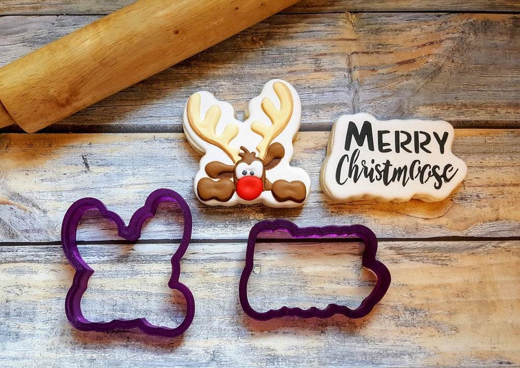 Merry Christmoose Hand Lettered Cookie Cutter and Fondant Cutter and Clay Cutter with Optional Stencil