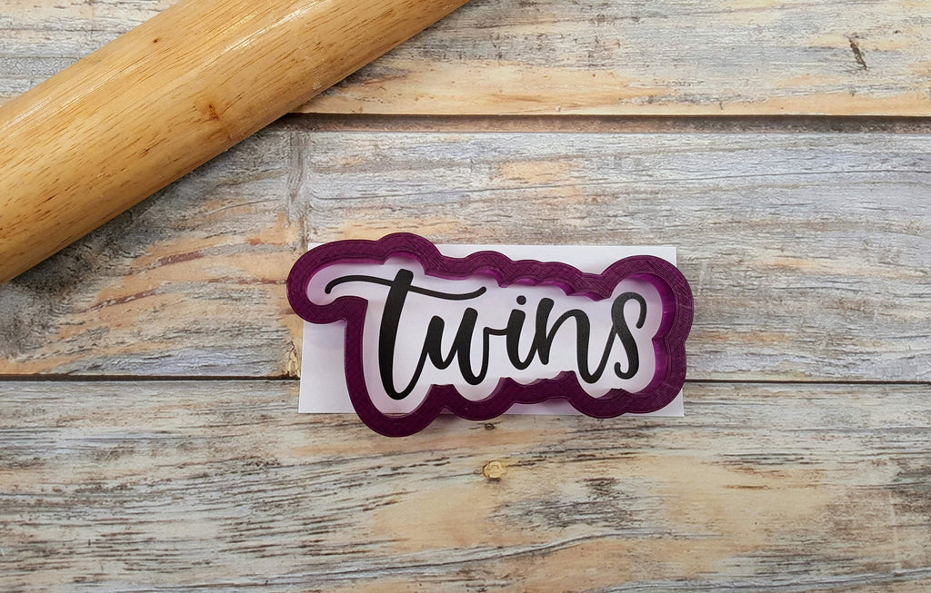 Twins Hand Lettered Cookie Cutter and Fondant Cutter and Clay Cutter with Optional Stencil