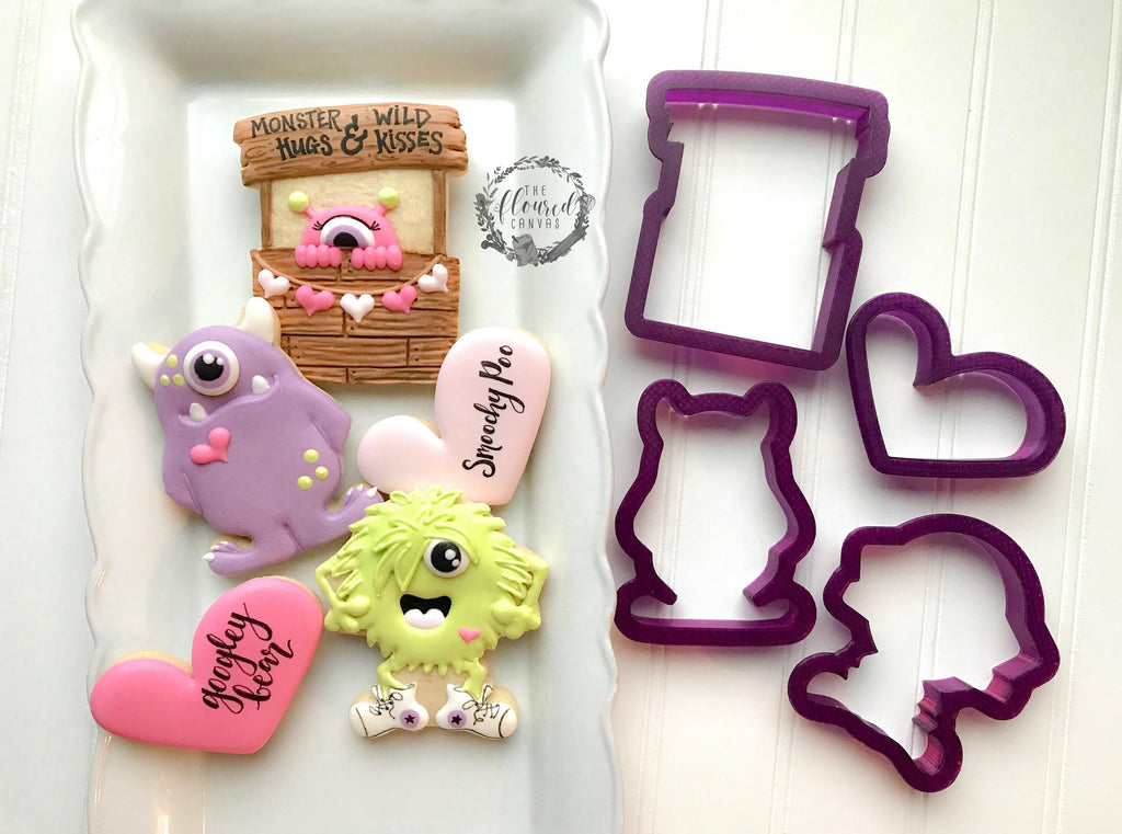 The Floured Canvas Monster Hugs & Wild Kisses set of 4 Cookie Cutter or Fondant Cutter and Clay Cutter