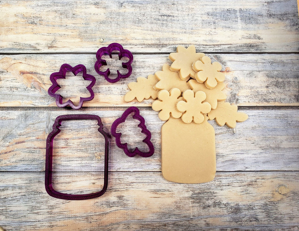 Mason Jar with Flowers and Leaf Set of 4 Cookie Cutter and Fondant Cutter and Clay Cutter