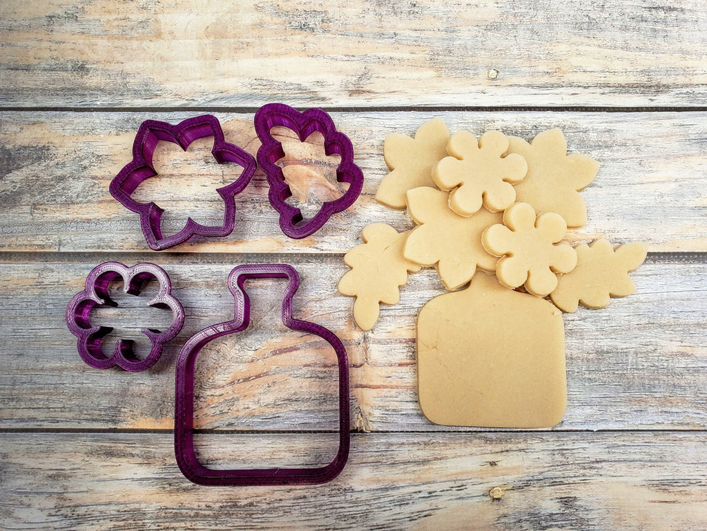 Jar with Flowers and Leaf Set of 4 Cookie Cutter and Fondant Cutter and Clay Cutter