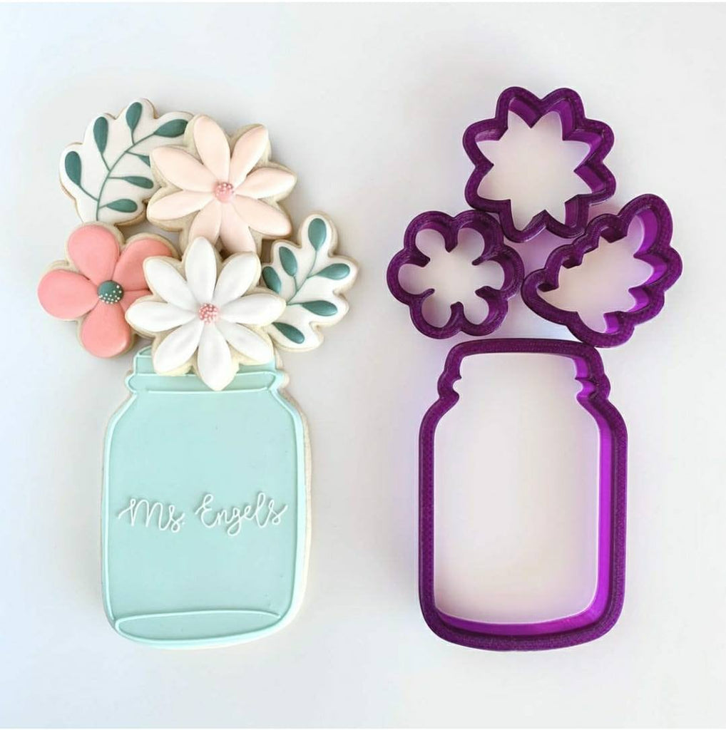 Mason Jar with Flowers and Leaf Set of 4 Cookie Cutter and Fondant Cutter and Clay Cutter