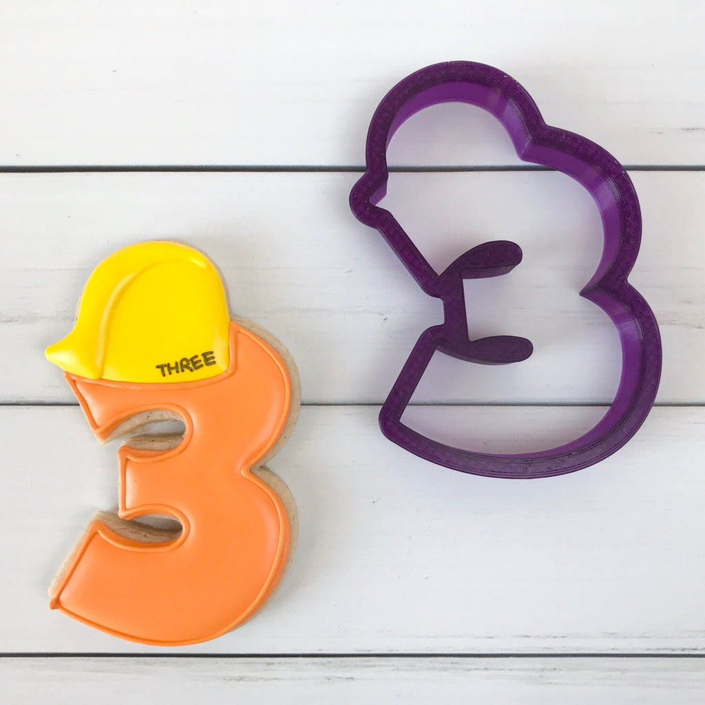 Three or 3 or Third Birthday or Anniversary  Number with Hard Hat Cookie Cutter or Fondant Cutter and Clay Cutter