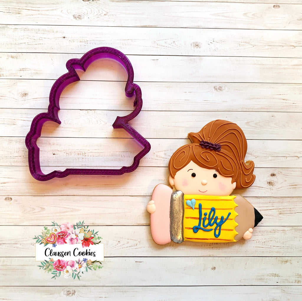 Miss Doughmestic Full Face Girl #2 Student with Pencil or Name Plaque Cookie Cutter or Fondant Cutter and Clay Cutter