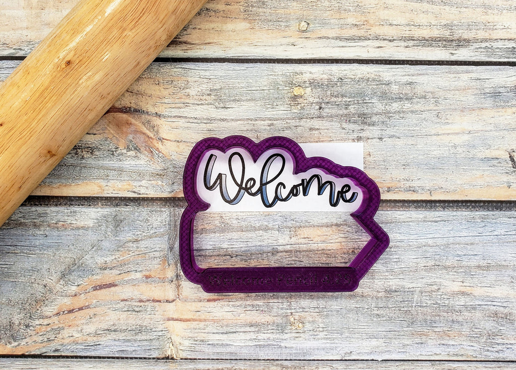 Welcome Pencil Hand Lettered Cookie Cutter and Fondant Cutter and Clay Cutter With Optional Stencil