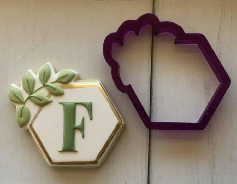 Hexagon with Leaf Flourish Plaque Cookie Cutter and Fondant Cutter and Clay Cutter