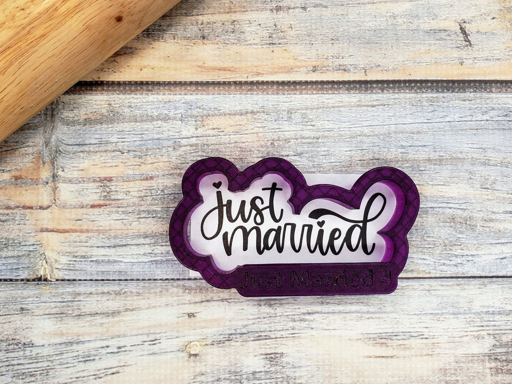 Just Married Hand Lettered Cookie Cutter and Fondant Cutter and Clay Cutter with Optional Stencil