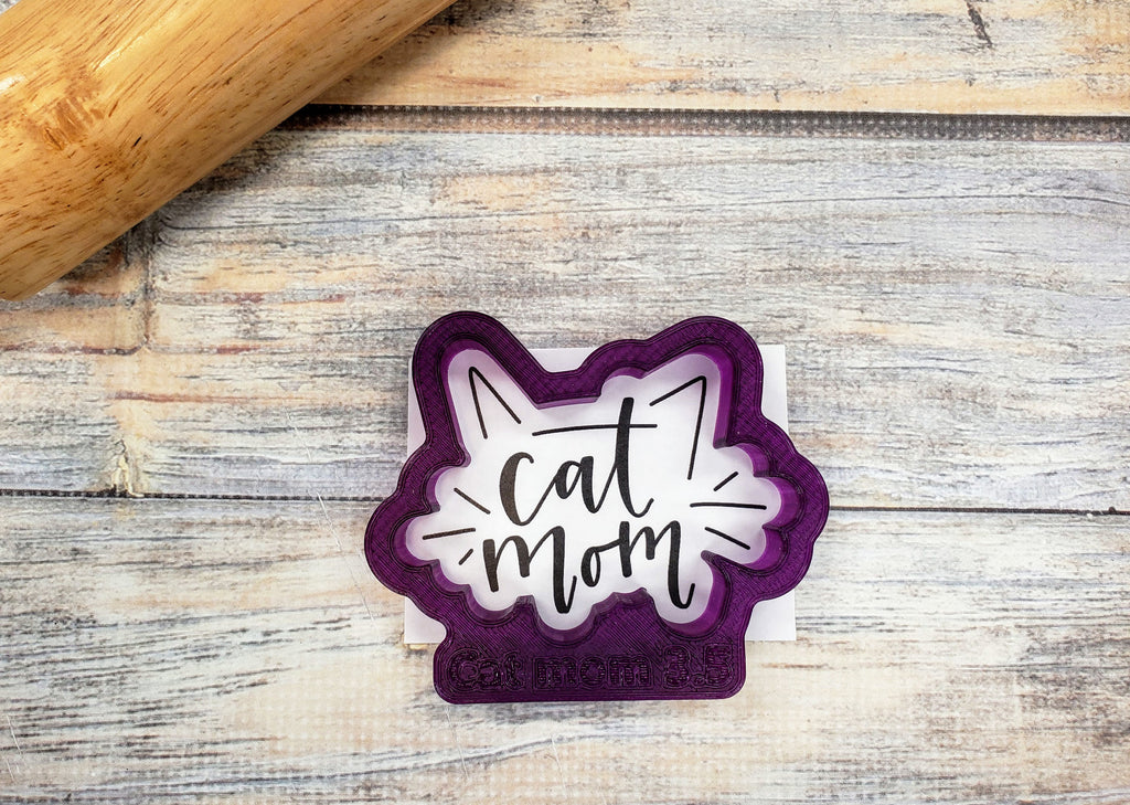 Cat Mom Hand Lettered Cookie Cutter and Fondant Cutter and Clay Cutter with Optional Stencil