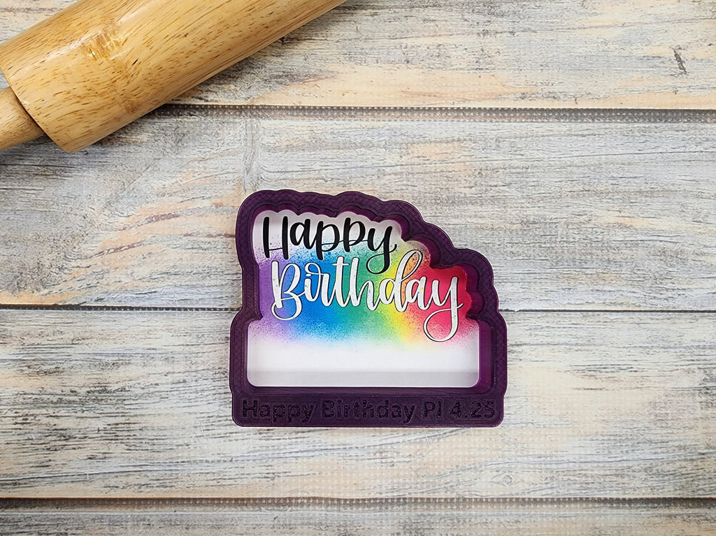 Happy Birthday Plaque Hand Lettered Cookie Cutter and Fondant Cutter and Clay Cutter with Optional Stencil