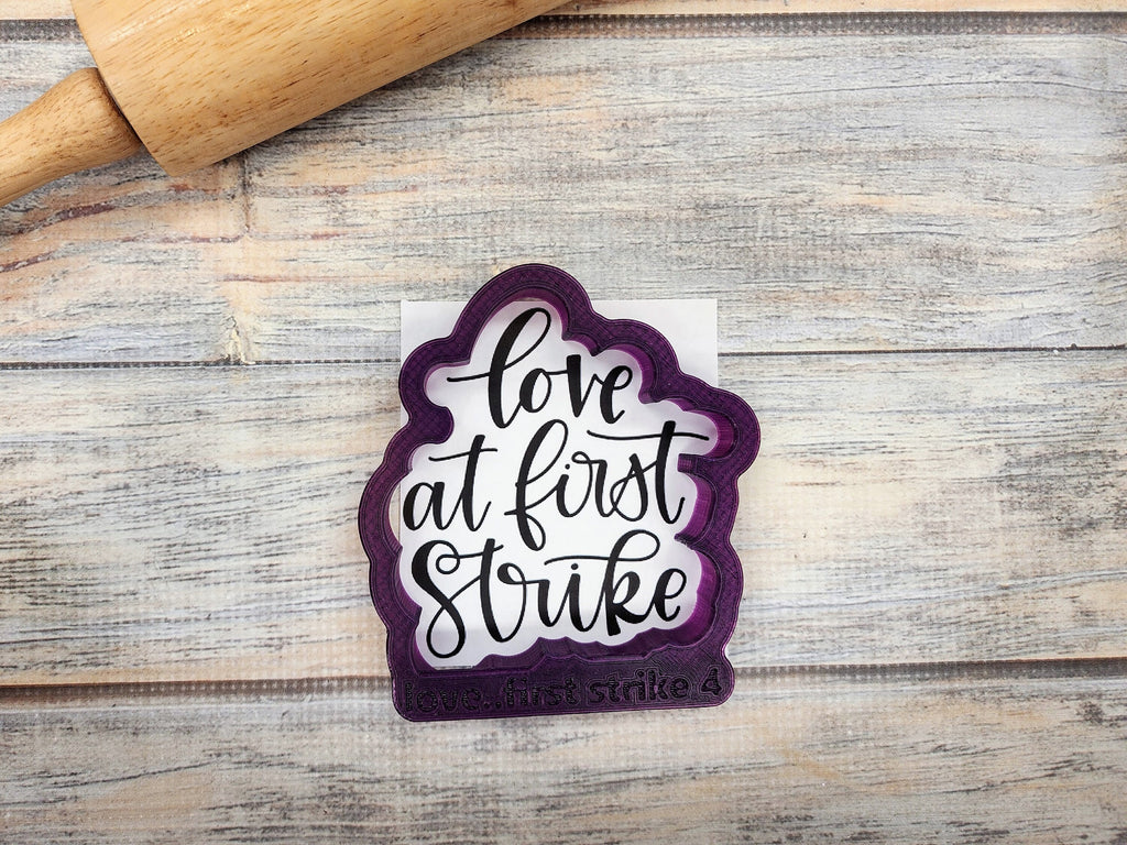 Love at first strike with Bowling Pins Hand Lettered Cookie Cutter and Fondant Cutter and Clay Cutter with Optional Stencil