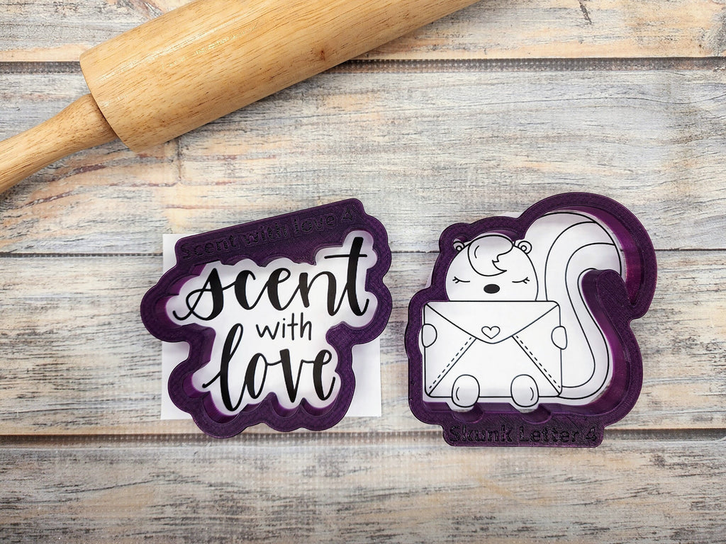 Skunk and Scent with Love Hand Lettered Cookie Cutter and Fondant Cutter and Clay Cutter with Optional Stencil