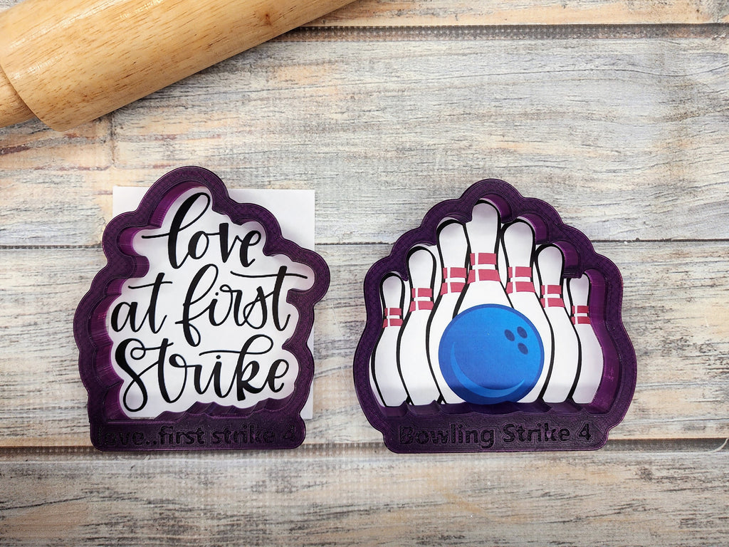 Love at first strike with Bowling Pins Hand Lettered Cookie Cutter and Fondant Cutter and Clay Cutter with Optional Stencil