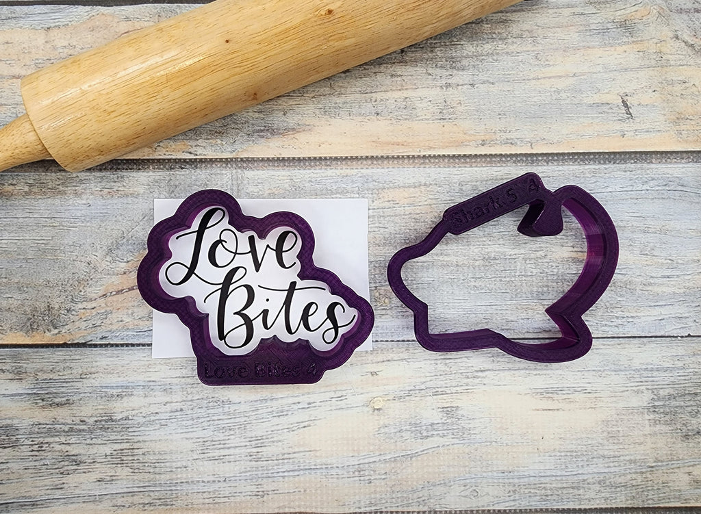 Shark with Love Bites Hand Lettered Cookie Cutter and Fondant Cutter and Clay Cutter with Optional Stencil