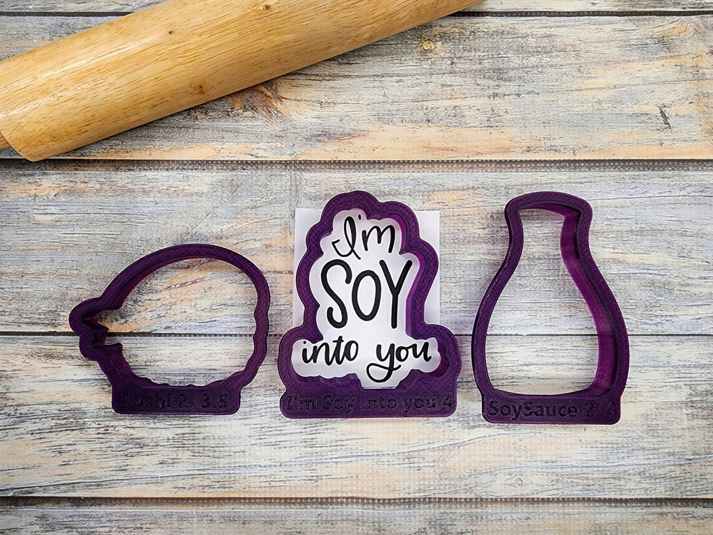 Soy Sauce Sushi and I'm Soy into you Hand Lettered Cookie Cutter and Fondant Cutter and Clay Cutter with Optional Stencil