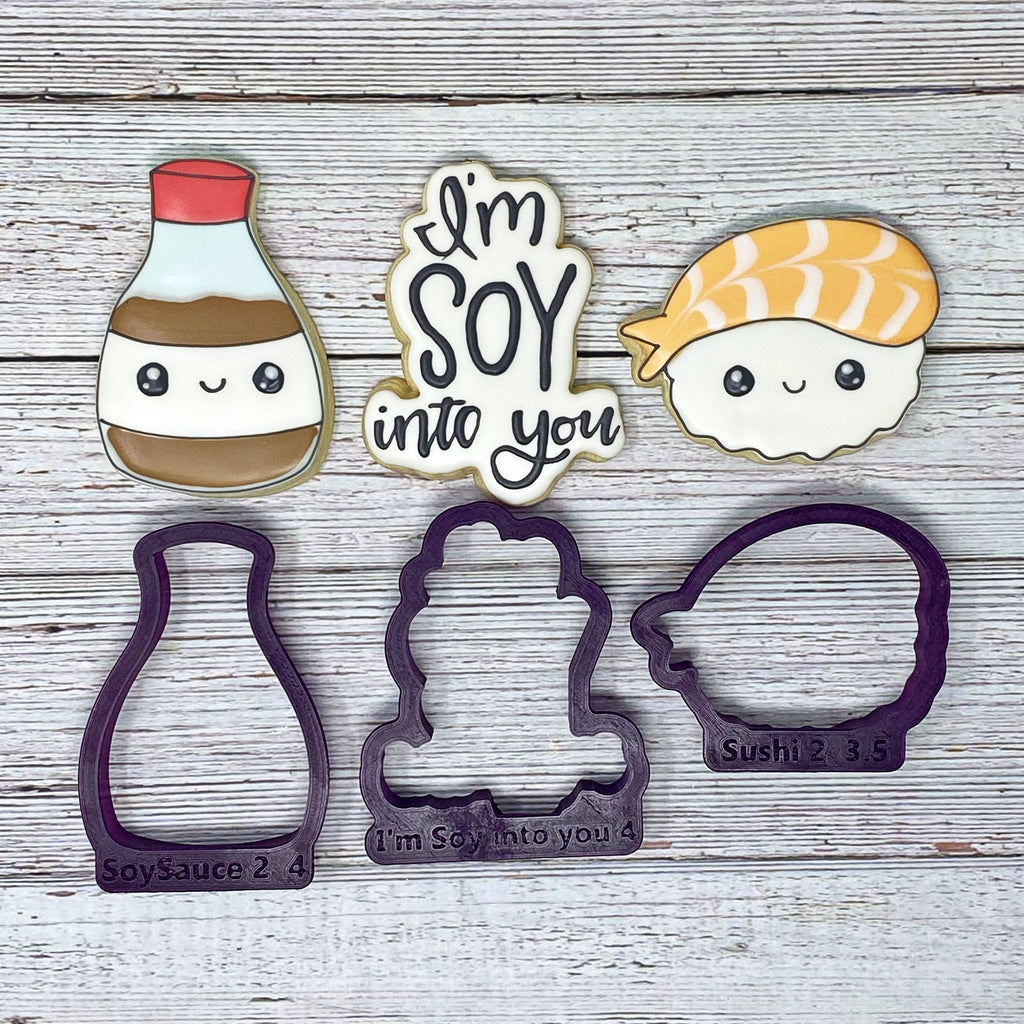 Soy Sauce Sushi and I'm Soy into you Hand Lettered Cookie Cutter and Fondant Cutter and Clay Cutter with Optional Stencil