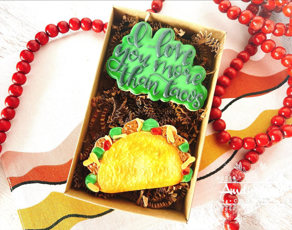 Taco with I Love you more than Tacos Hand Lettered Cookie Cutter and Fondant Cutter and Clay Cutter with Optional Stencil