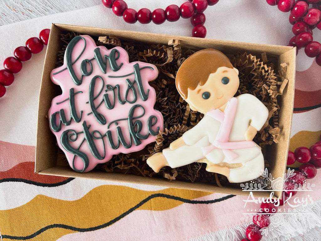 Karate Boy with Love at First Strike Hand Lettered Cookie Cutter and Fondant Cutter and Clay Cutter with Optional Stencil