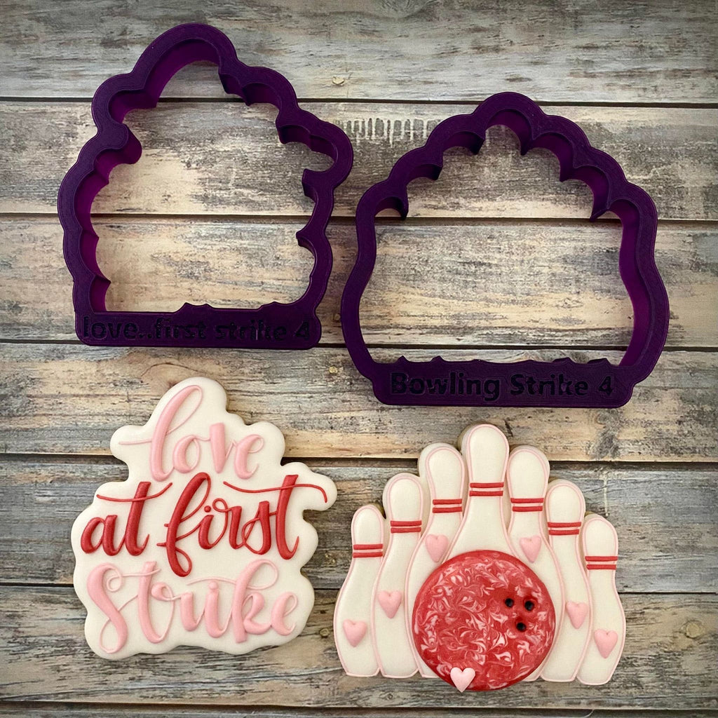 Love at first strike with Bowling Pins Hand Lettered Cookie Cutter and Fondant Cutter and Clay Cutter with Optional Stencil