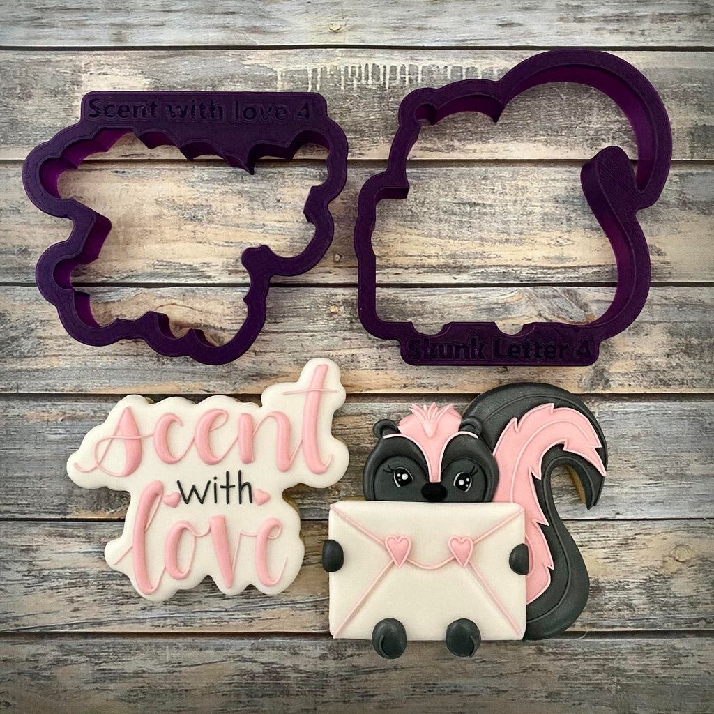 Skunk and Scent with Love Hand Lettered Cookie Cutter and Fondant Cutter and Clay Cutter with Optional Stencil