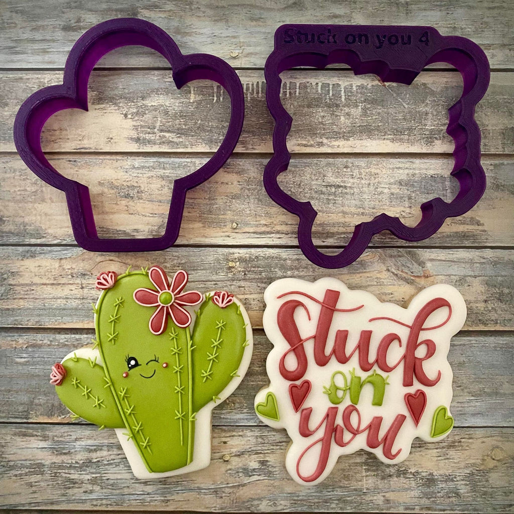 Cactus with Stuck on You Hand Lettered Cookie Cutter and Fondant Cutter and Clay Cutter with Optional Stencil