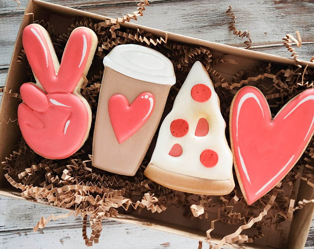 4 Piece Latte Peace Pizza Heart Cookie Cutter and Fondant Cutter and Clay Cutter with Optional Stencil