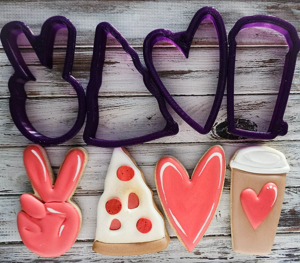 4 Piece Latte Peace Pizza Heart Cookie Cutter and Fondant Cutter and Clay Cutter with Optional Stencil