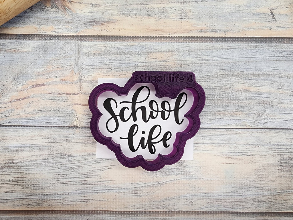 School Life Hand Lettered Cookie Cutter and Fondant Cutter and Clay Cutter with Optional Stencil