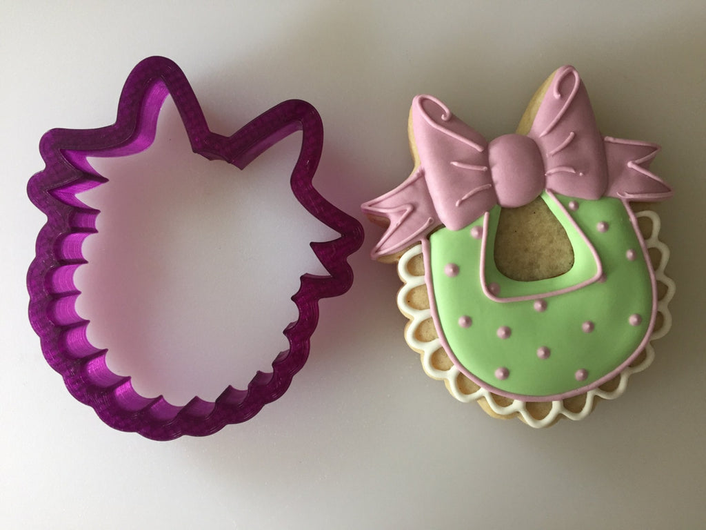 Miss Doughmestic Baby Bib with Bow or Scalloped Plaque with Bow or Wreath Cookie Cutter and Fondant Cutter and Clay Cutter